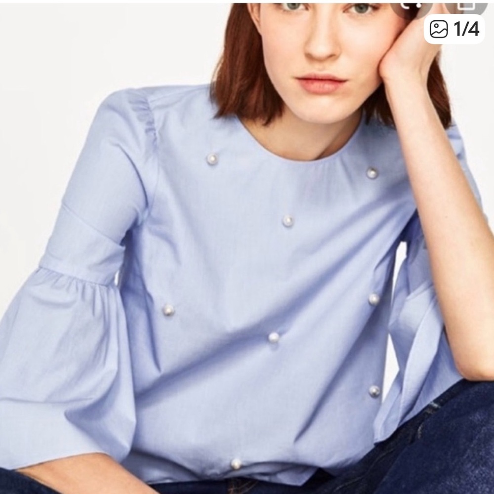 Zara Light Blue Blouse with Pearl Details